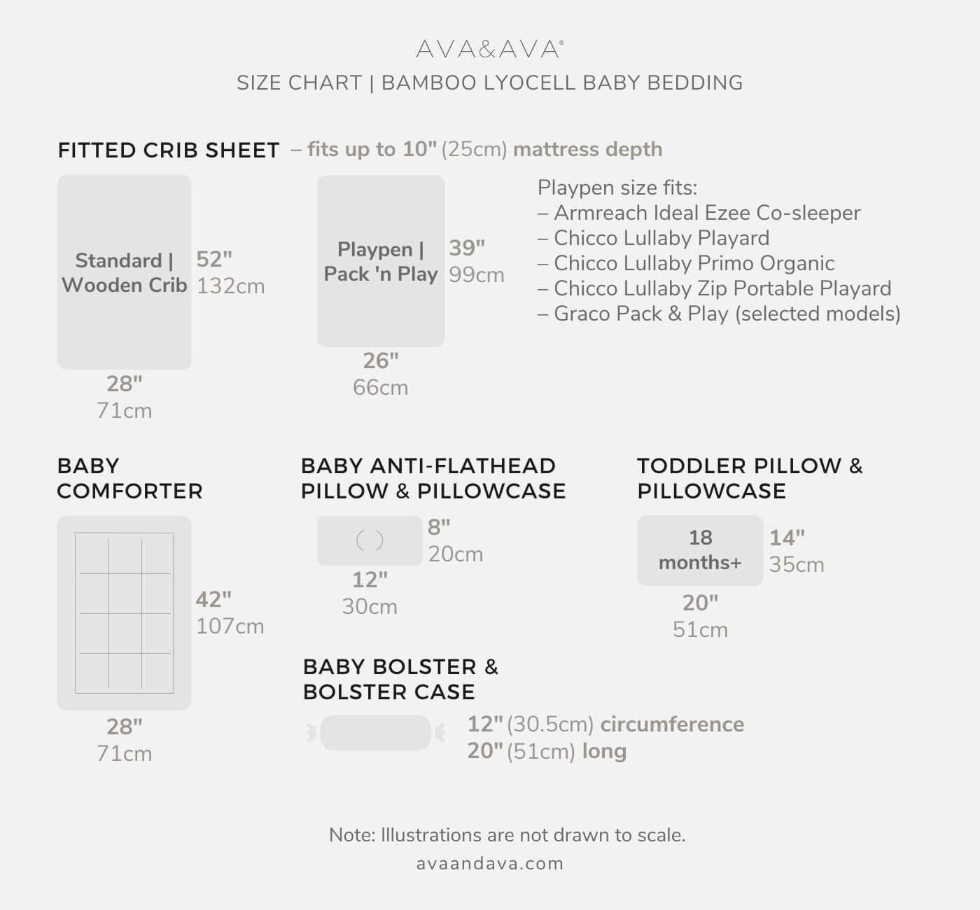 ava and ava organic bamboo baby bedding and bed sheets size chart philippines in inches and in cm- fitted crib sheet for wooden crib 28 x 52 and playpen, baby pillows and bolsters, baby comforter, anti-flat head pillows, pillowcases and bolstercases