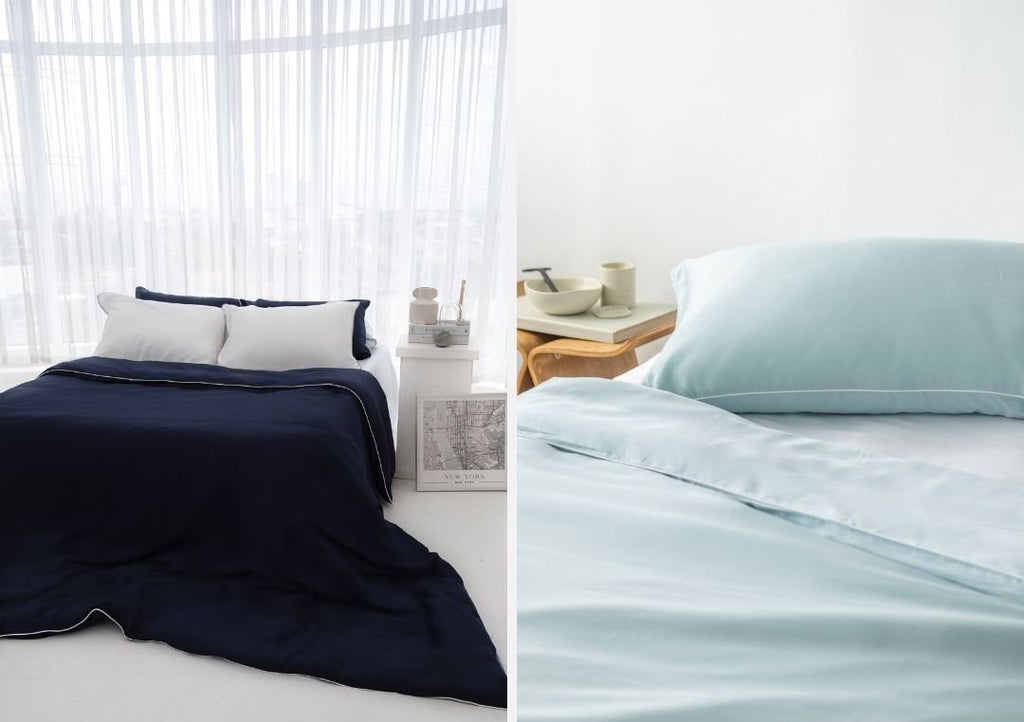 ava and ava ph organic bamboo lyocell bedding in navy blue and light blue