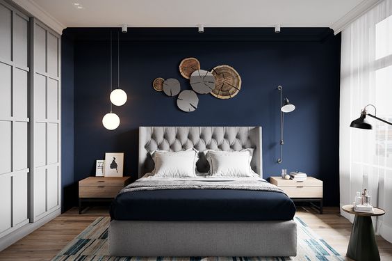 bedroom with navy blue walls