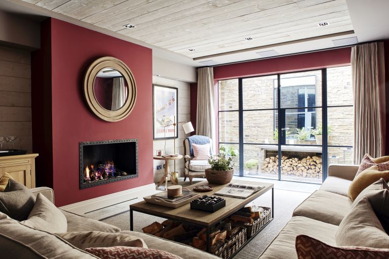 Living Room with red accent wall