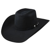 Black Resistol SP 6x felt hat, the epitome of cowboy elegance, resting on a weathered wooden surface. The hat exudes timeless style and authenticity, embodying the spirit of the Wild West