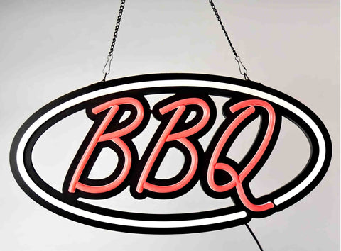 red bbq neon sign on hanging chain