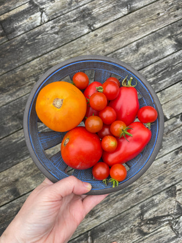 fresh tomatoes in hand-built bowl