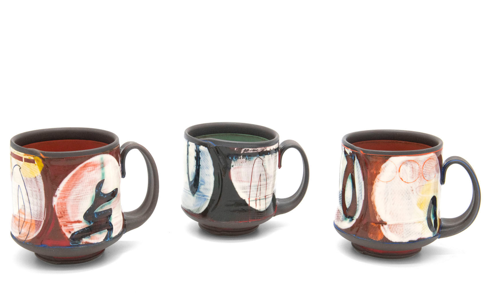 Footed Mugs, 2019, Hand-built stoneware with underglaze decoration, oxidation fired