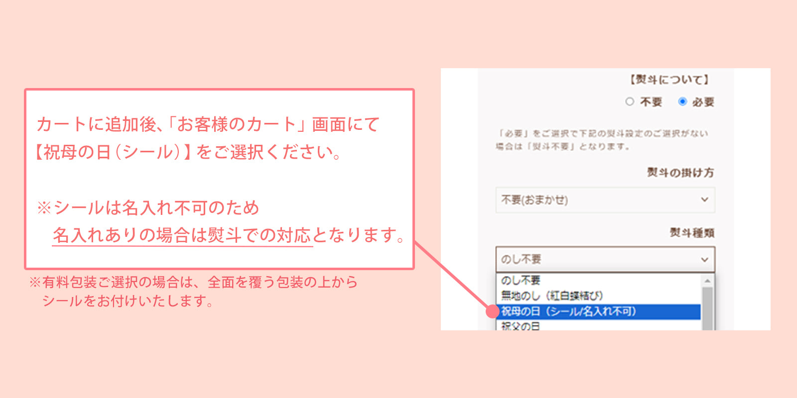 母の日シールはカート画面で選択という説明画像