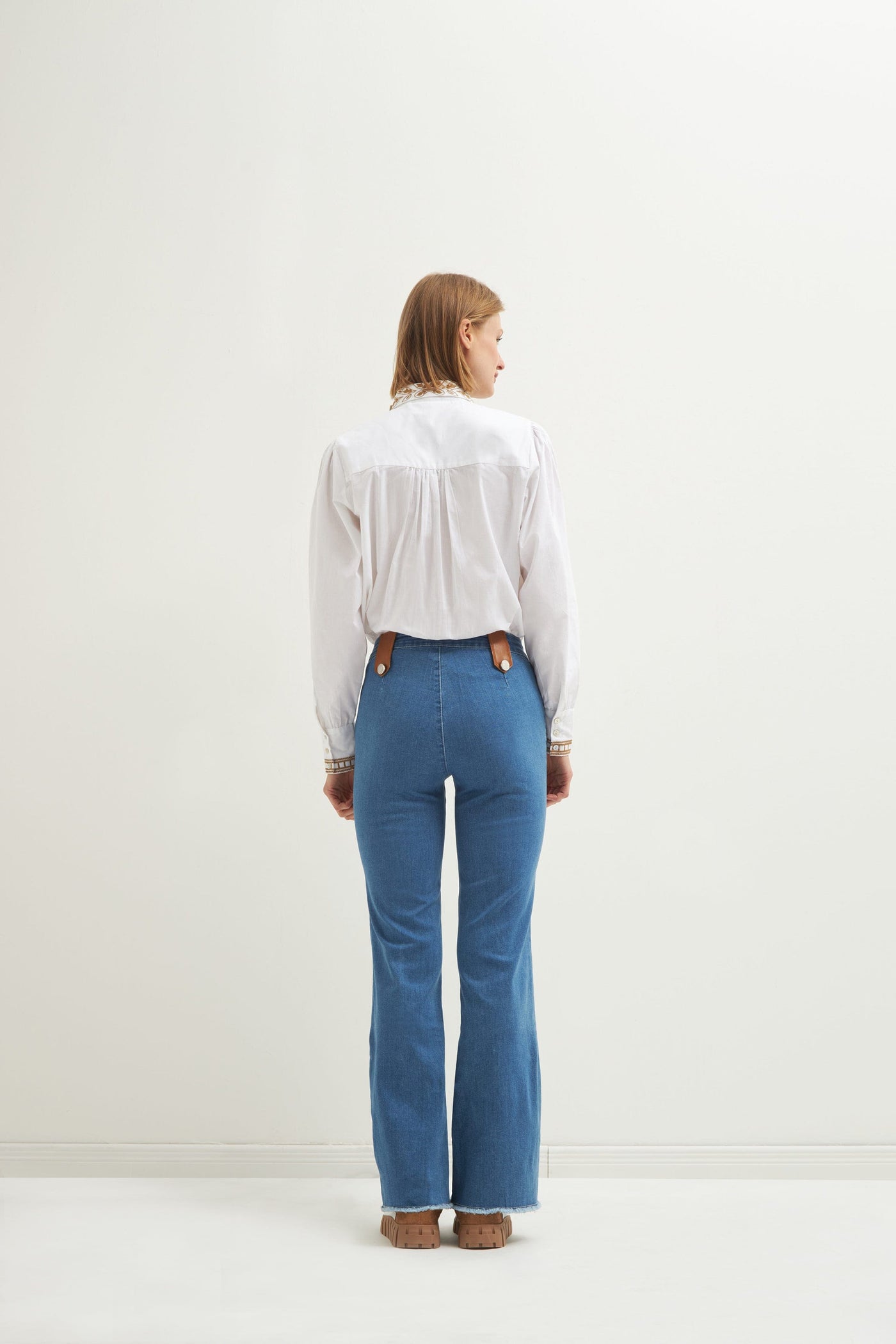 High-Waisted Bell-Bottom Jeans with Tab Details