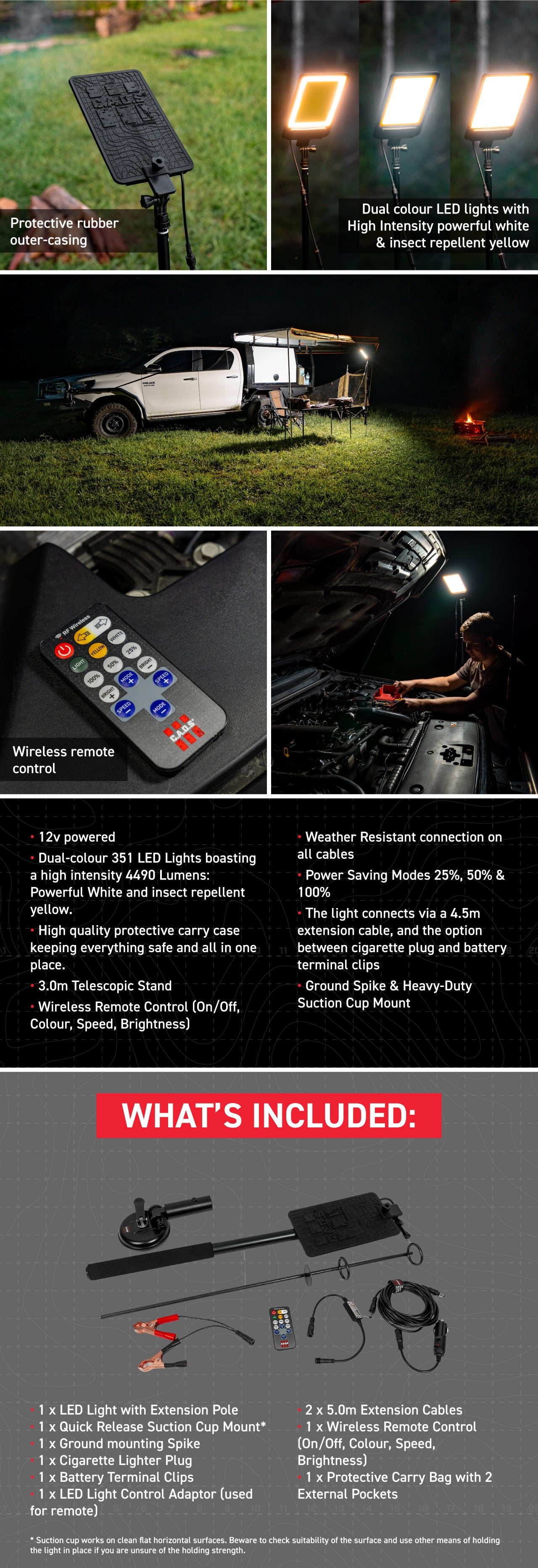 The protective carry bag makes it easy to pack, transport, and store, while the alligator clips and male 12v plug allow you to power the light from your car battery or 12v setup. With the multifunction remote, you can easily adjust the brightness and color of the light from your camp chair. The CAOS LED Camping Light is a must-have for any camping trip.