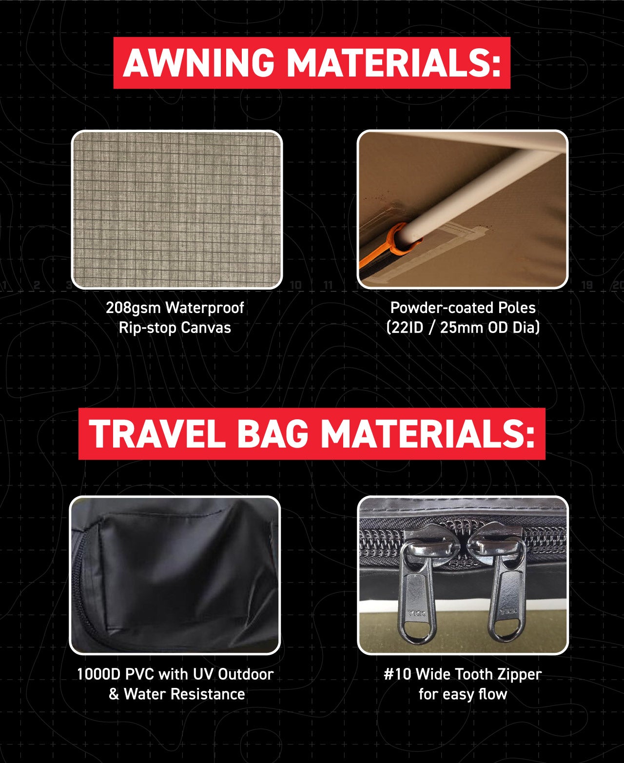 Material:  Awning Material:  280gsm rip-stop cotton canvas Waterproof and rip-proof canvas Our poles are powder-coated (22ID /25mm OD Dia)  Travel Bag Material: 1000D PVC with UV outdoor resistant #10 Wide Tooth Zipper for easy flow Black Bag Water Resistant and Outdoor UV resistant