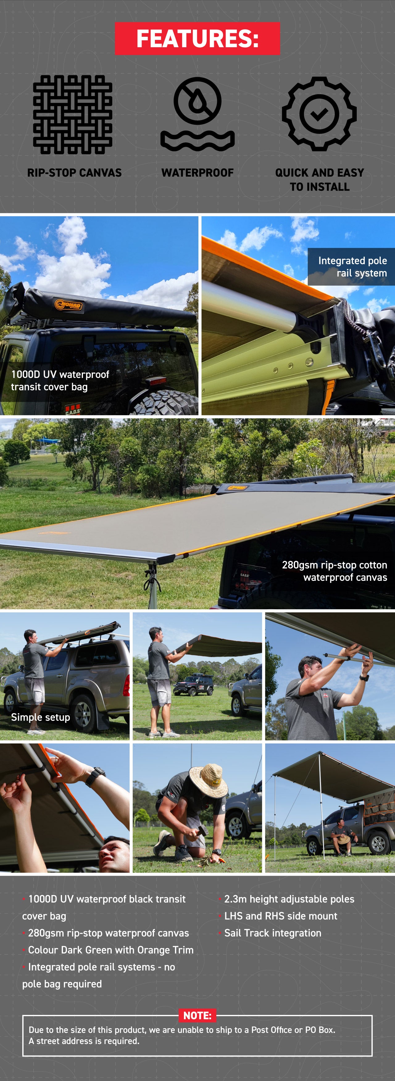 Features of the Product: •	1000D UV waterproof black transit cover bag. •	280gsm rip-stop cotton waterproof canvas •	Colour Dark Green with Orange Trim  •	Integrated pole rail systems - no pole bag required •	2.3m height adjustable poles •	LHS and RHS side mount   •	Sail Track integration 