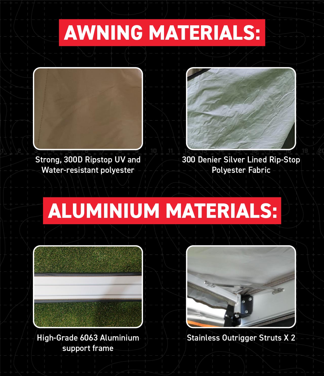 Material:  Strong, 300D Ripstop UV and Water-resistant polyester Curtain weights to stop sides blowing in Internal Silver Lining has two purposes: to prevent see-through and to allow the water to run off and dry quickly. 300 Denier Sliver Lined Rip-Stop Polyester Fabric  Mid Green colour for Curtain and Roof