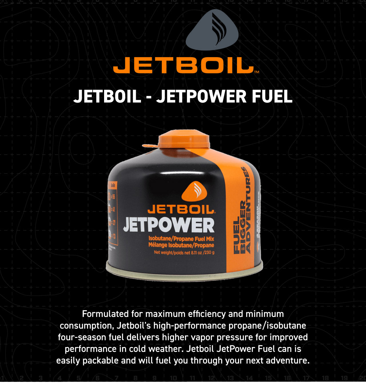 Formulated for maximum efficiency and minimum consumption, Jetboil's high-performance propane/isobutane four-season fuel delivers higher vapor pressure for improved performance in cold weather. Jetboil JetPower Fuel can is easily packable and will fuel you through your next adventure.