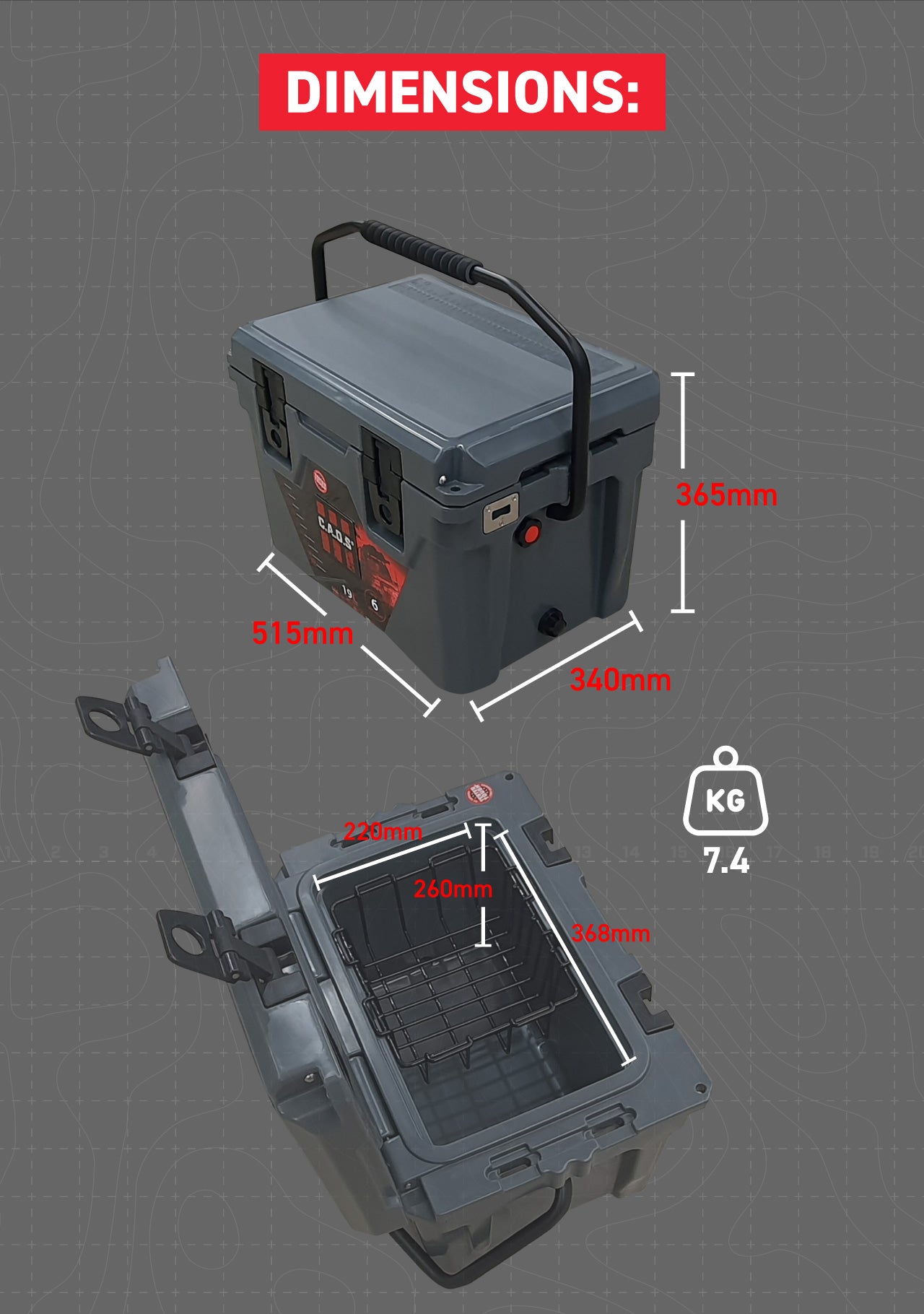 External Dimensions: L 515mm x W 340mm x H 365mm (approx.) Weight 7.4kg 