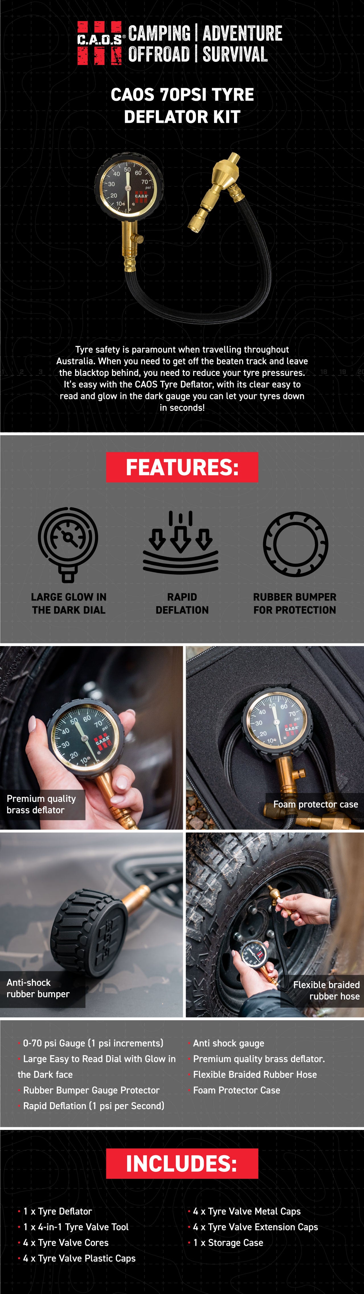 Tyre safety is paramount when travelling throughout Australia. When you need to get off the beaten track and leave the blacktop behind, you need to reduce your tyre pressures. It’s easy with the CAOS Tyre Deflator, with its clear easy to read and glow in the dark gauge you can let your tyres down in seconds!