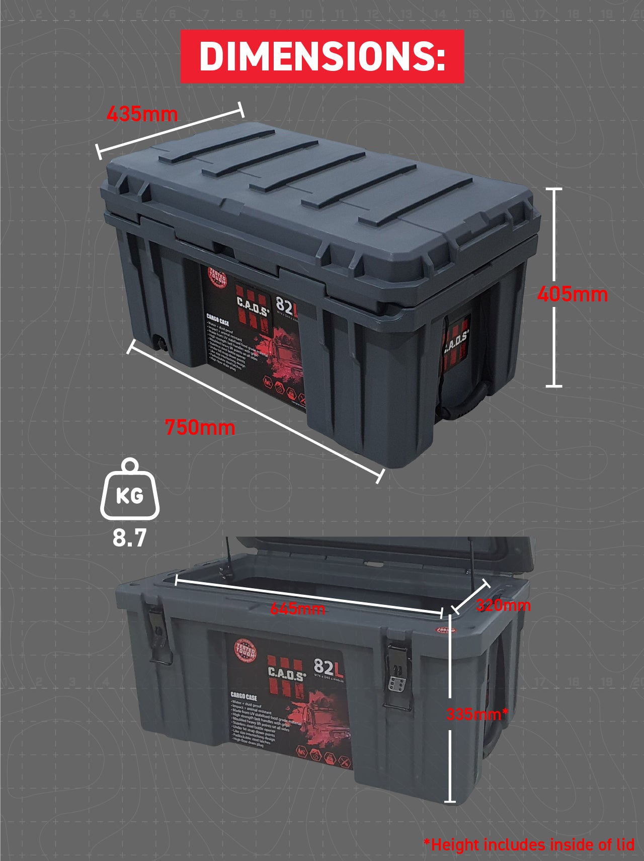 External L 750mm x W 435mm x H 405mm (approx.) Internal: L 645mm x W 320mm x H 335mm (approx.) Weight: 8.7kg 