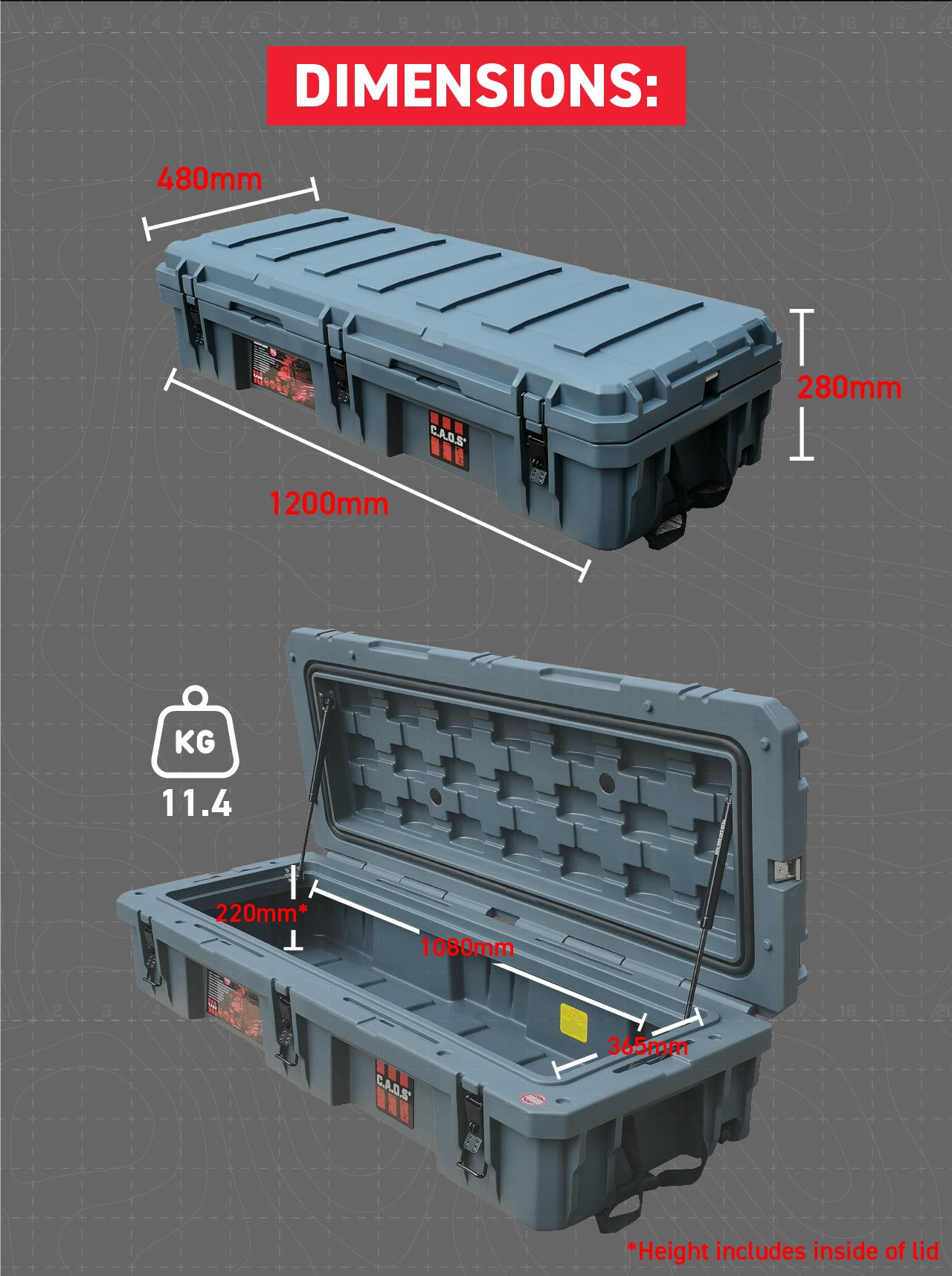 External Length 1200mm x Width 480mm x Height 280mm Internal: 1080mm x 365mm x 220mm (approx.) Weight: 11.4kg 