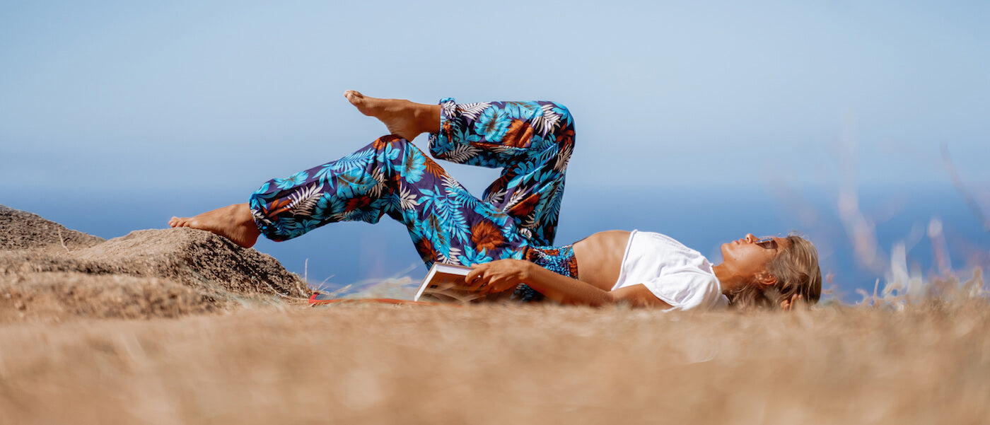 Blue Rainforest harem pants from Bohemian Island. Staying relaxed during COVID19
