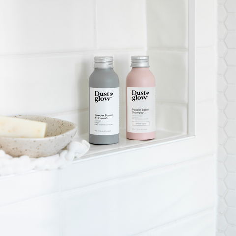 Dust&Glow Our powders are super easy to use and activated by the water already in your shower. Ditch the plastic and water waste. Switch to powder
