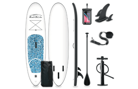 inflatable paddle board along with its accessories