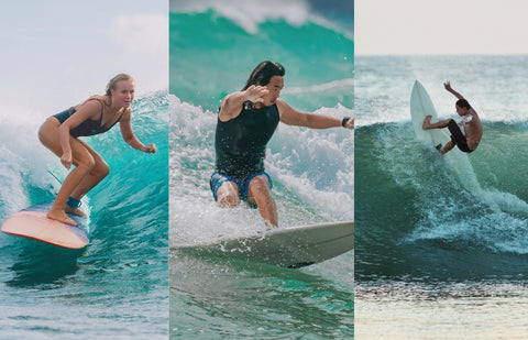 Surfers on funboards in various wave conditions