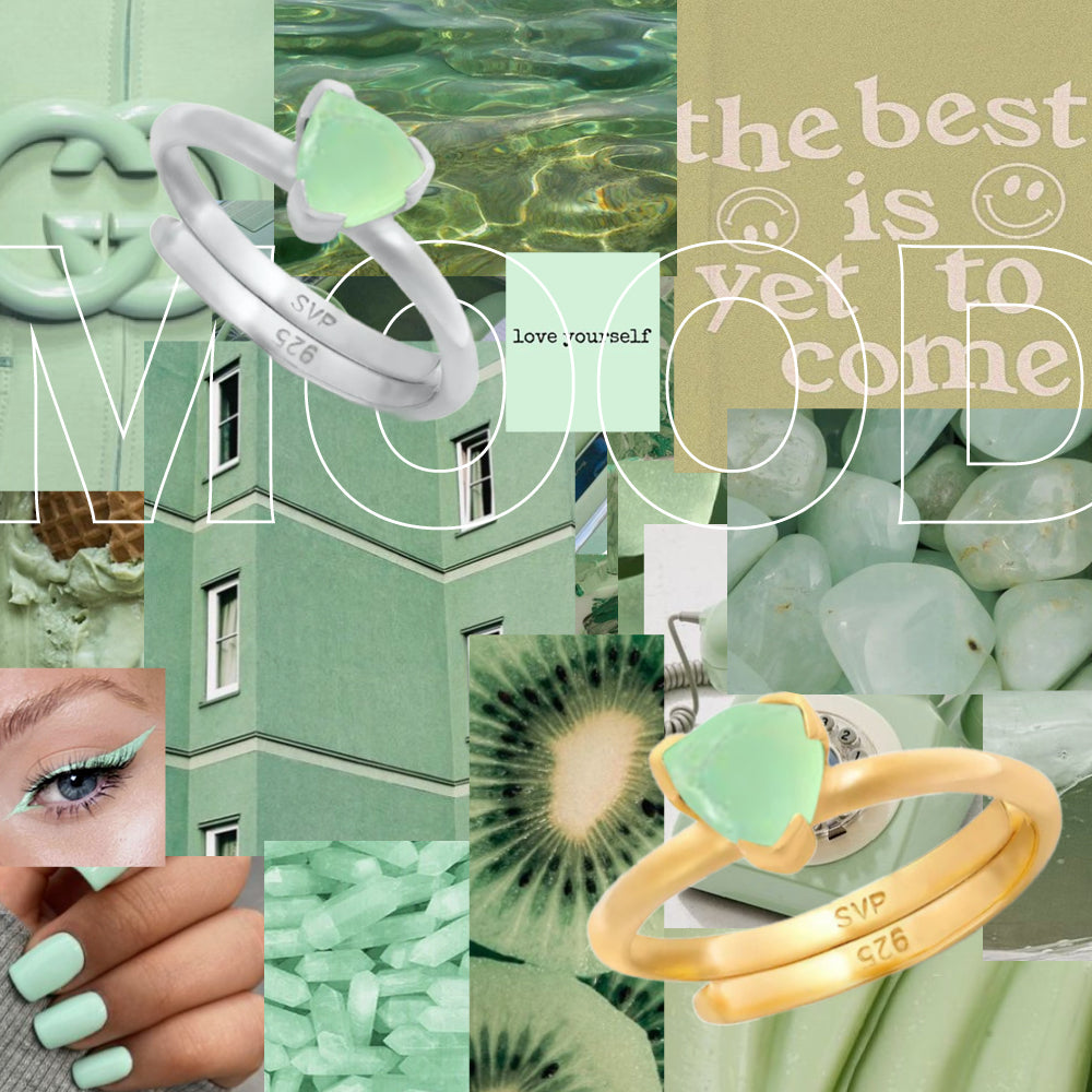 Sarah Verity Light Green Chalcedony Audie adjustable rings mood board