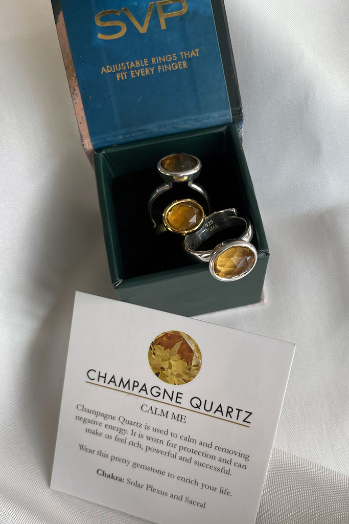 Champagne Quartz adjustable rings in recycled sterling silver and 18 carat gold vermeil in a bespoke SVP jewellery gift box