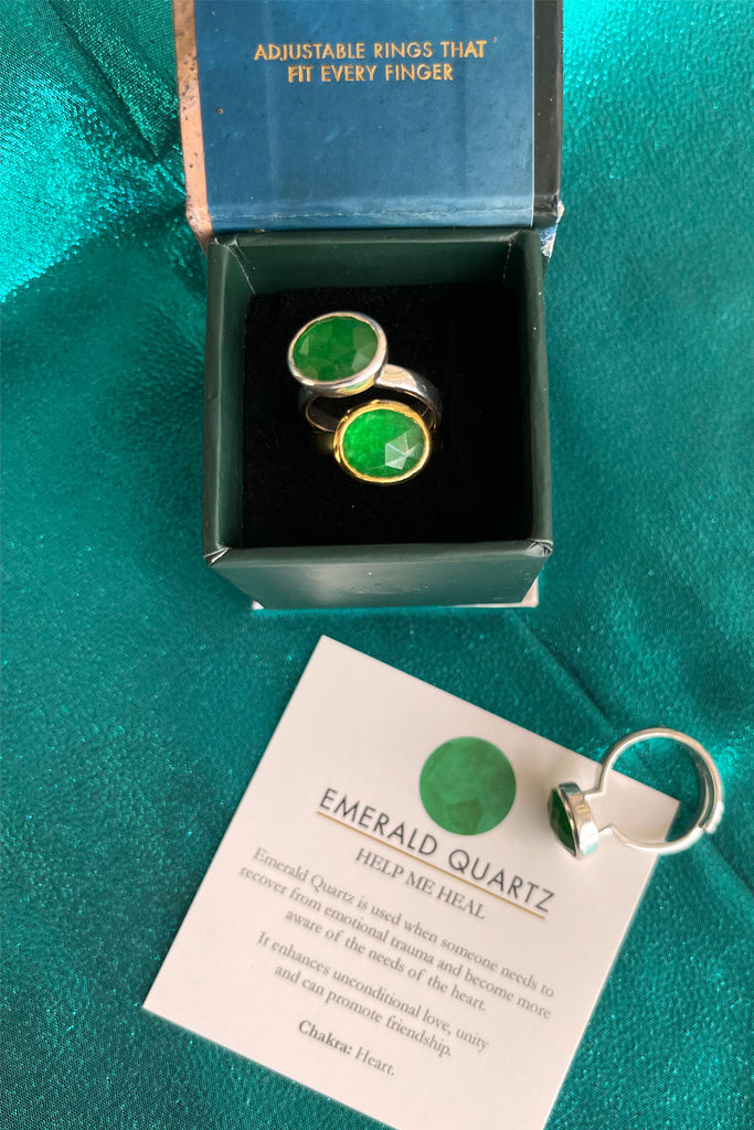Emerald Quartz gemstone meaning, crystal meaning adjustable ring set in recycled sterling silver and 18 carat gold vermeil in a gift box