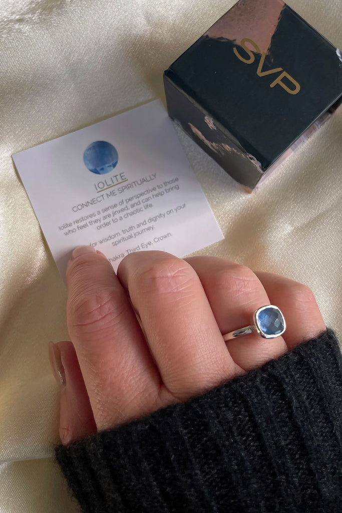 Iolite gemstone meaning, crystal meaning adjustable ring set in recycled sterling silver and 18 carat gold vermeil in a gift box