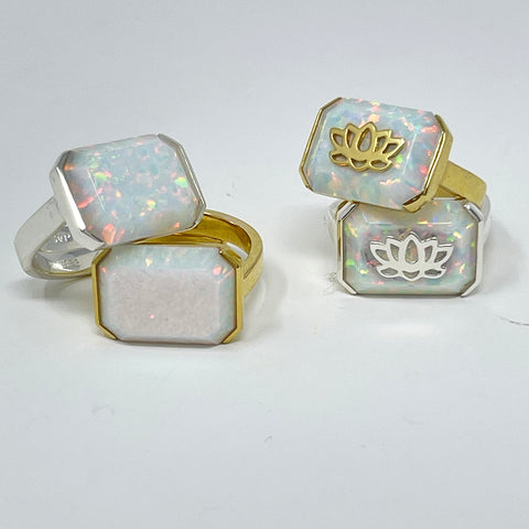 Opal quartz lotus adjustable ring in gold and silver SVP jewellery