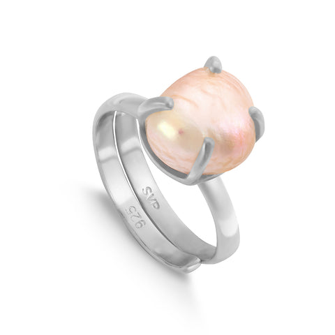 SVP pink baroque pearl adjustable ring claw set in recycled sterling silver