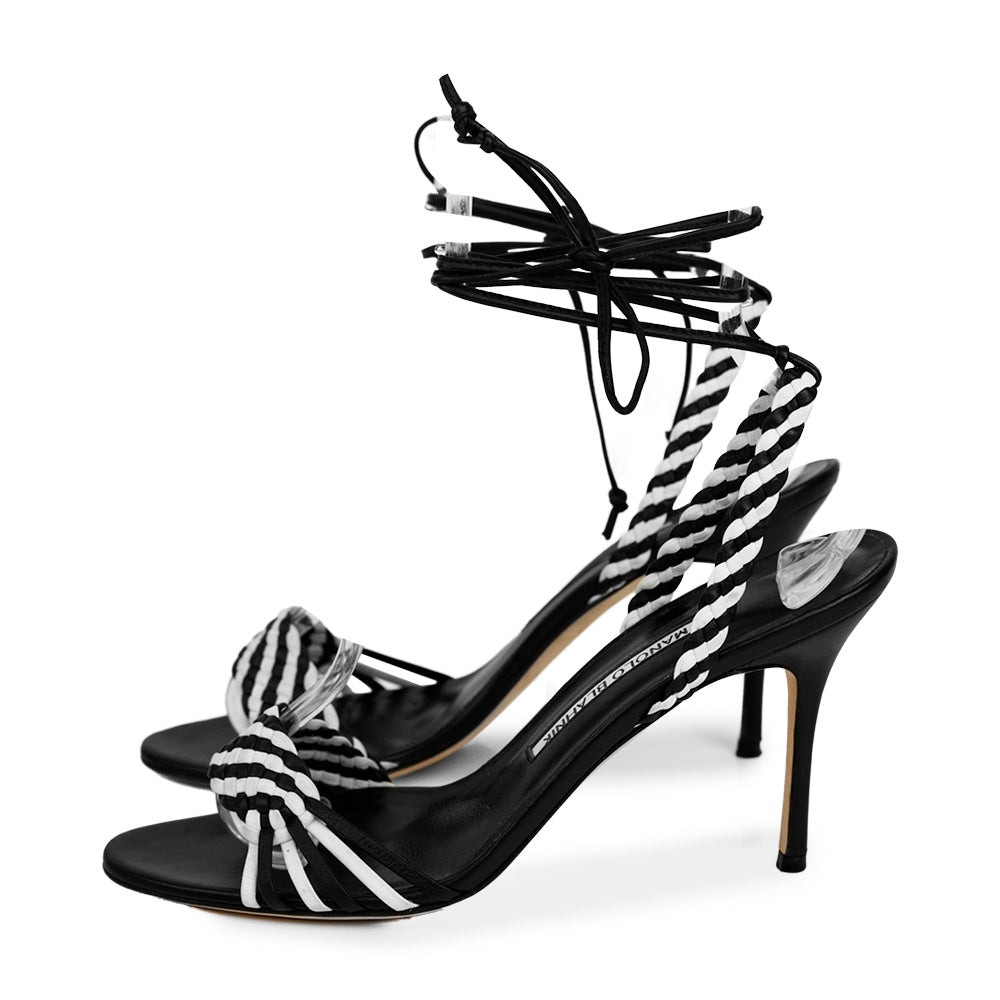 Manolo Blahnik Black & White Woven Leather Wrap-Around Sandals | DBLTKE ...