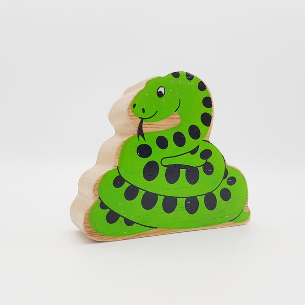 Bright green coiled snake painted on the front of a chunky wooden figure