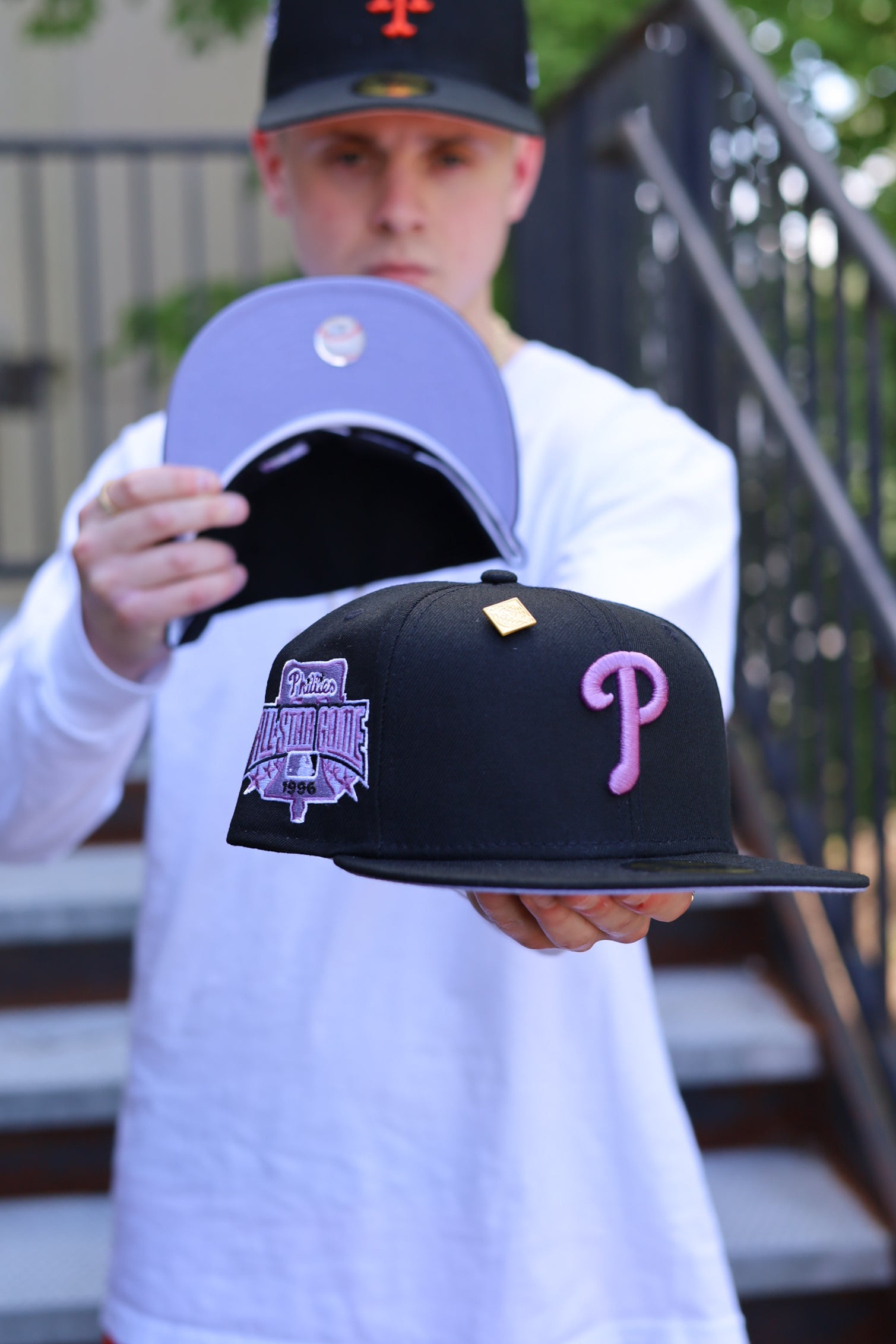 black and purple fitted cap