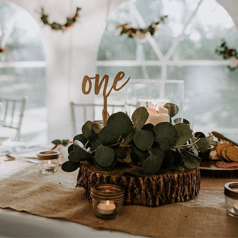 Table number rustic wood greenery 