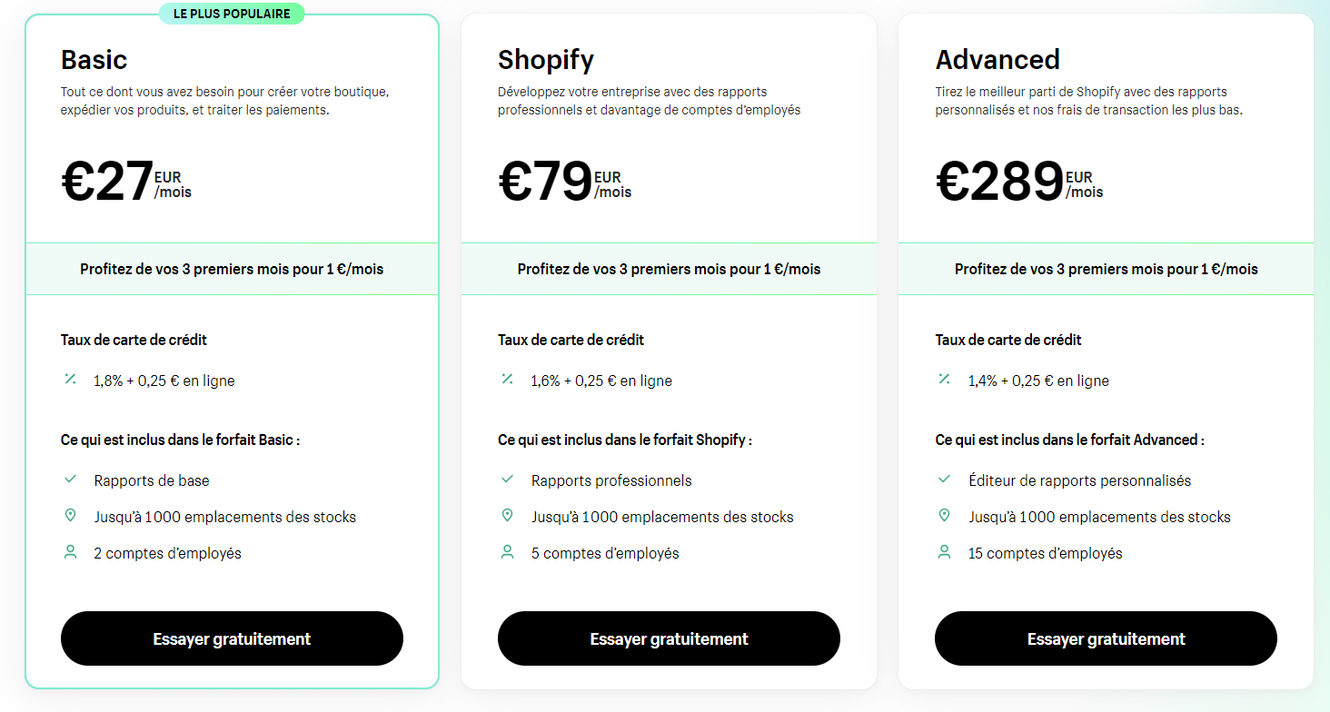 Plans tarifaires de base Shopify