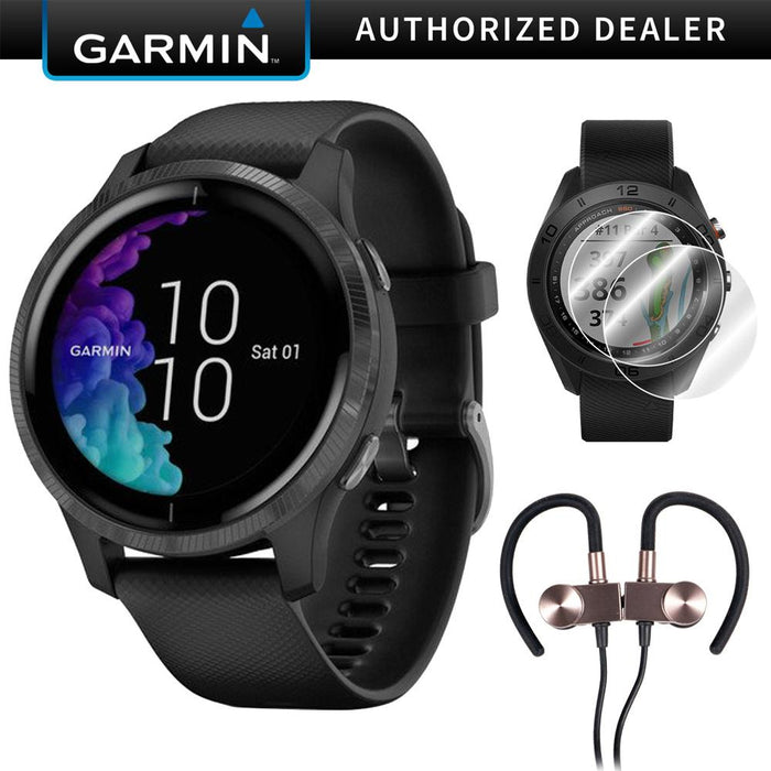 Garmin Venu Amoled GPS Smartwatch (Black) with Deco Gear Earbuds and Screen Protectors
