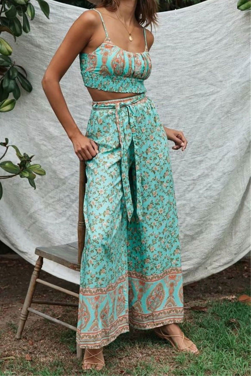 Boho 2 Piece Set, Matching Crop Top and Pant, Wild Floral in Mint Gree ...