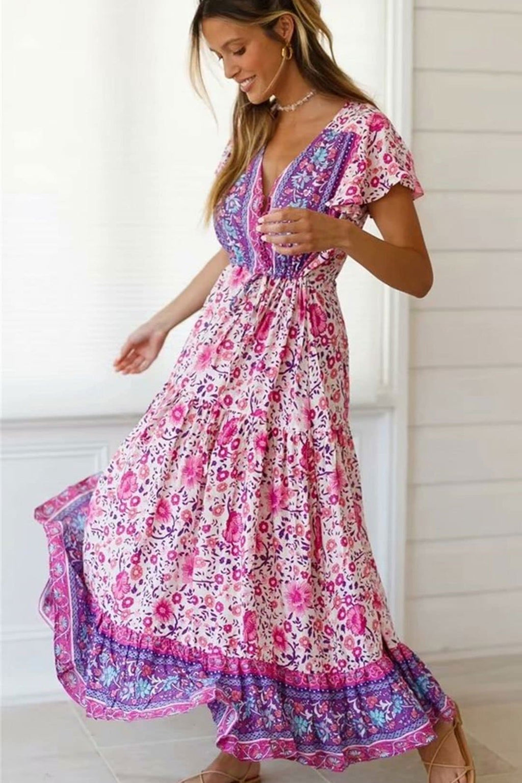 Maxi Dress, Boho Dress, Wild Floral, Fresh Pink Fuchsia – Wild Rose Boho
