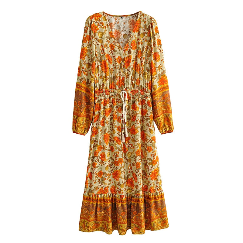 Boho Maxi Dress, Gown, Floral  and Sand in Orange
