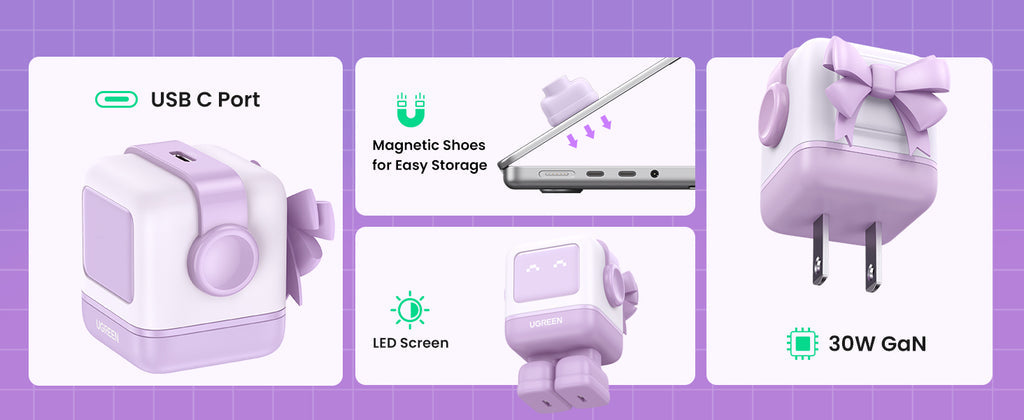 Cargador Ugreen USB-C 30W Carga Rápida Robot GaN con Pantalla Led Púrpura (25036)