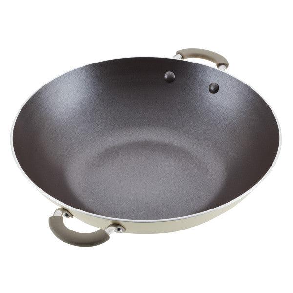 Rachael Ray Cucina Hard Anodized Nonstick Stir Fry Wok Pan with Lid,  11-Inch Covered, Gray with Blue Handles