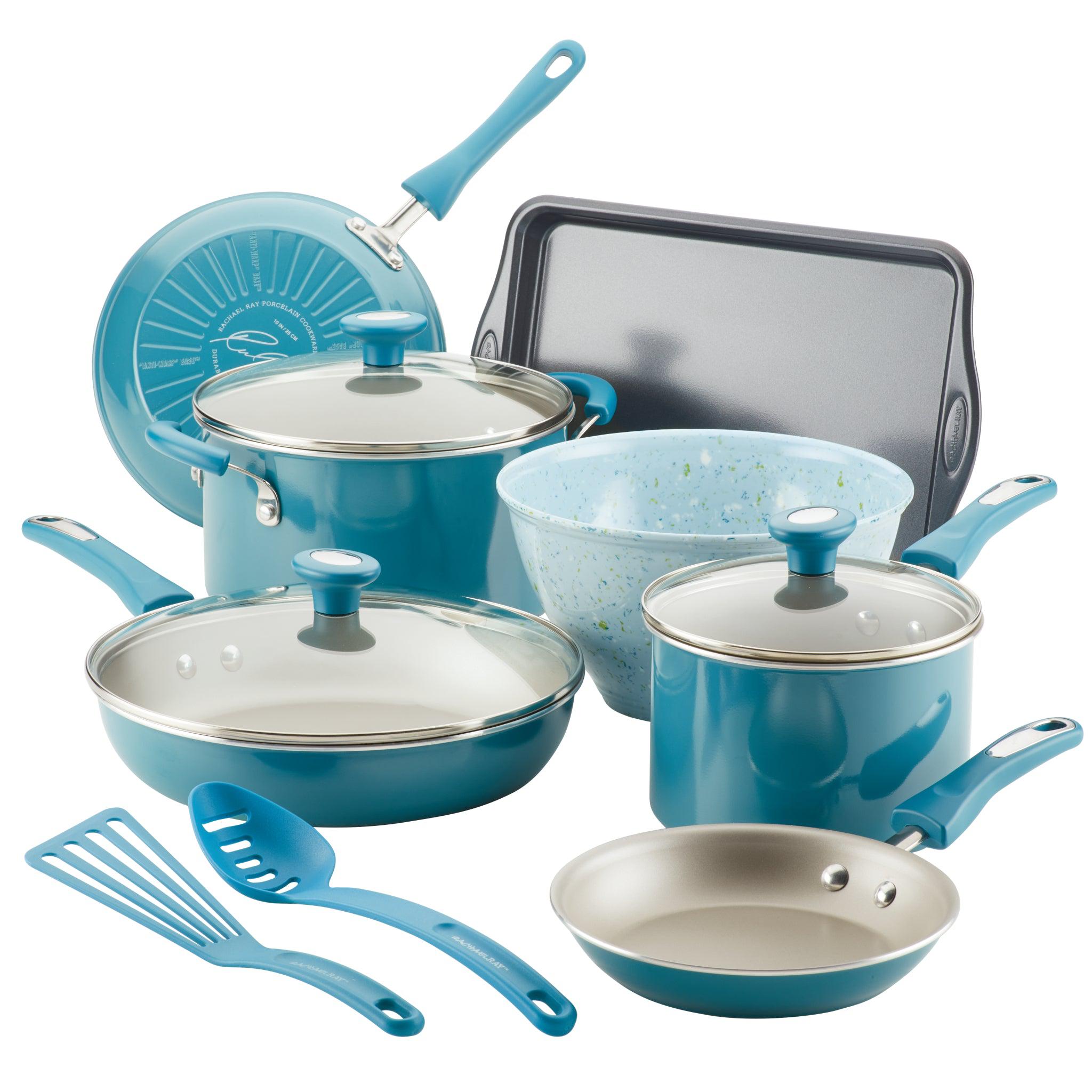 Rachael Ray Cityscapes Porcelain Enamel Nonstick Cookware Set, Turquoise,  12-Piece