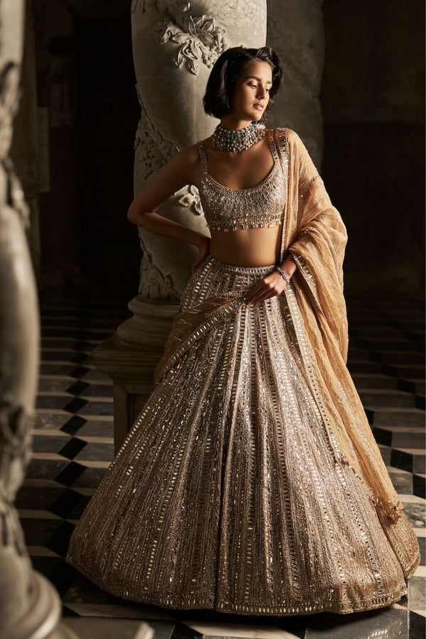 Seema Gujral  Gold Silver Block Pattern Lehenga Set – LIVEtheCOLLECTIVE