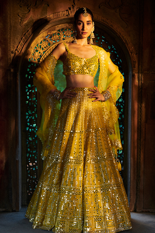 Tropical Yellow Frilly Mirrorwork Georgette Lehenga