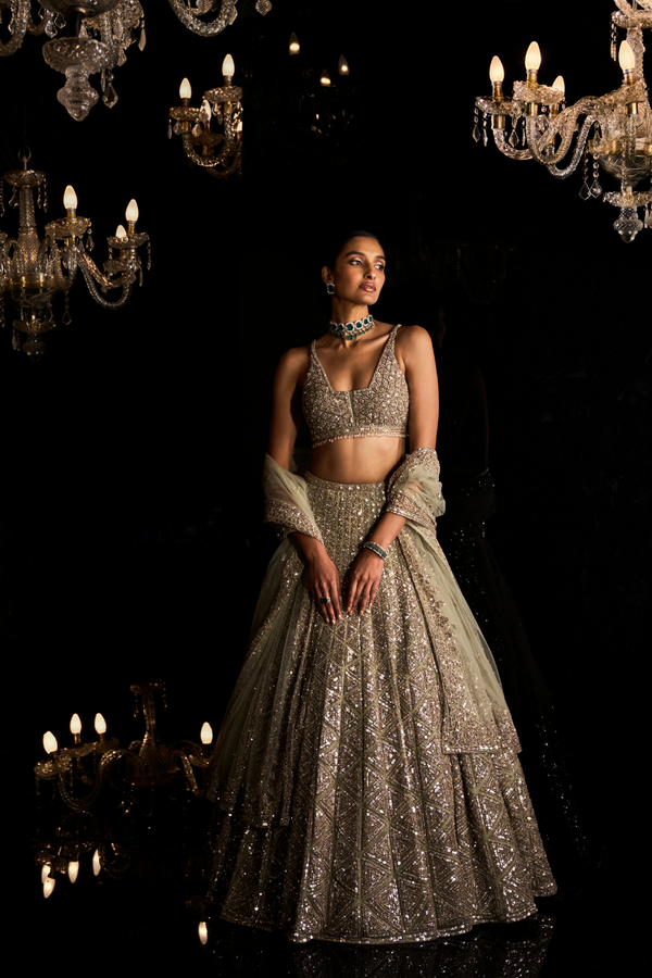 Seema Gujral  Bottle Green Pearl Lehenga Set – LIVEtheCOLLECTIVE