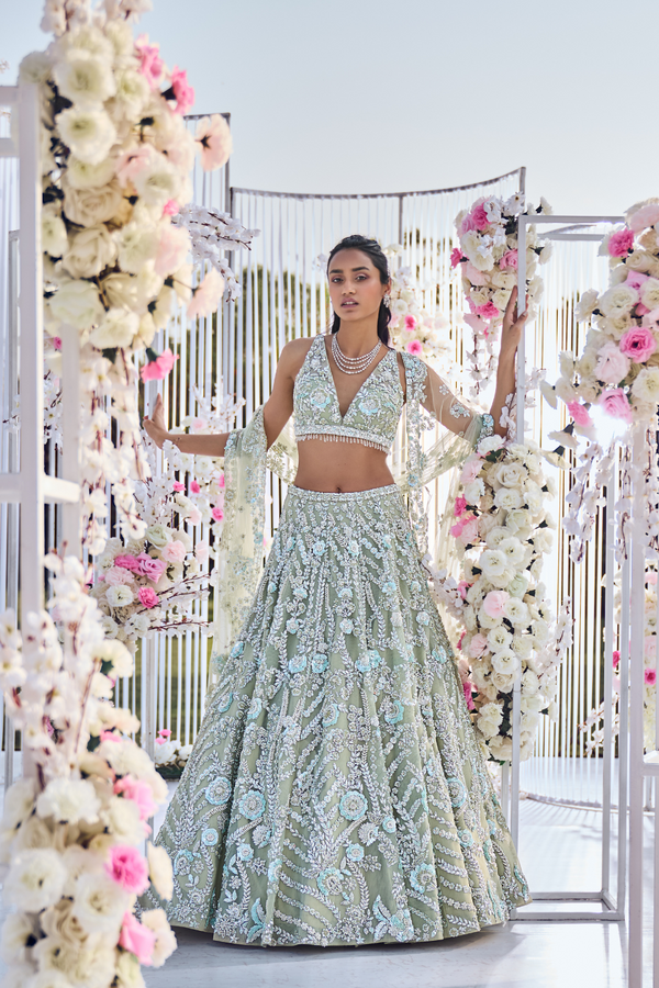 Pastel Green Layered Sequin Lehenga – LIBAS CAFE