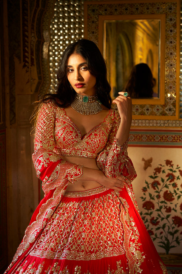 Red Kasab & Zardozi Hand Embroidered Lehenga and Ivory Micro-Quilted S –  Talking Threads Global