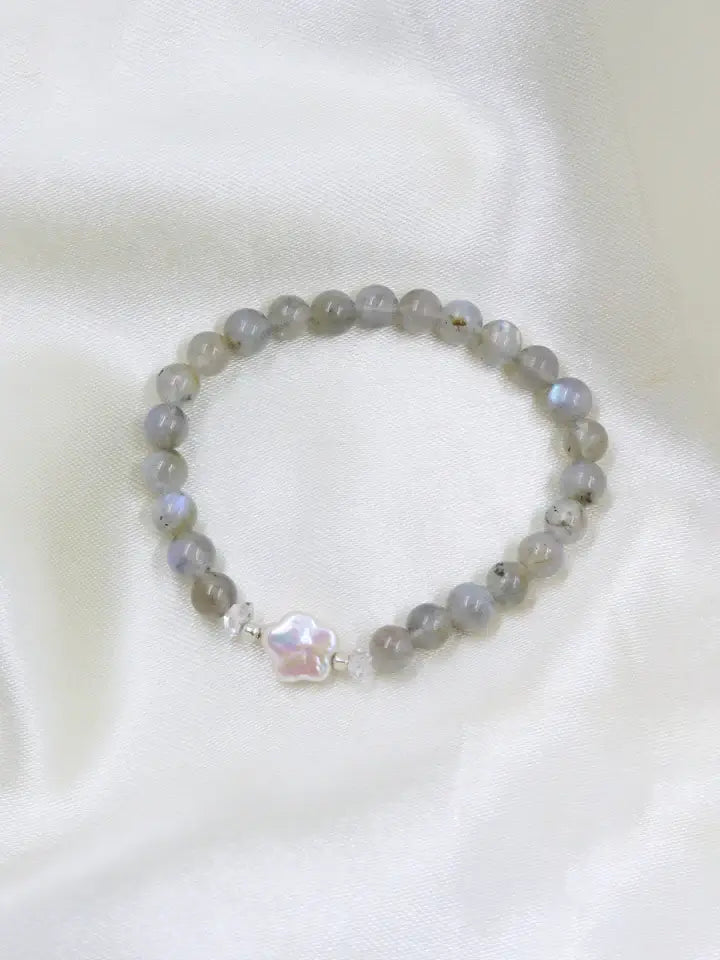 Labradorite , Fresh Water Pearl  & Herkimer Diamond  Mala Bracelet