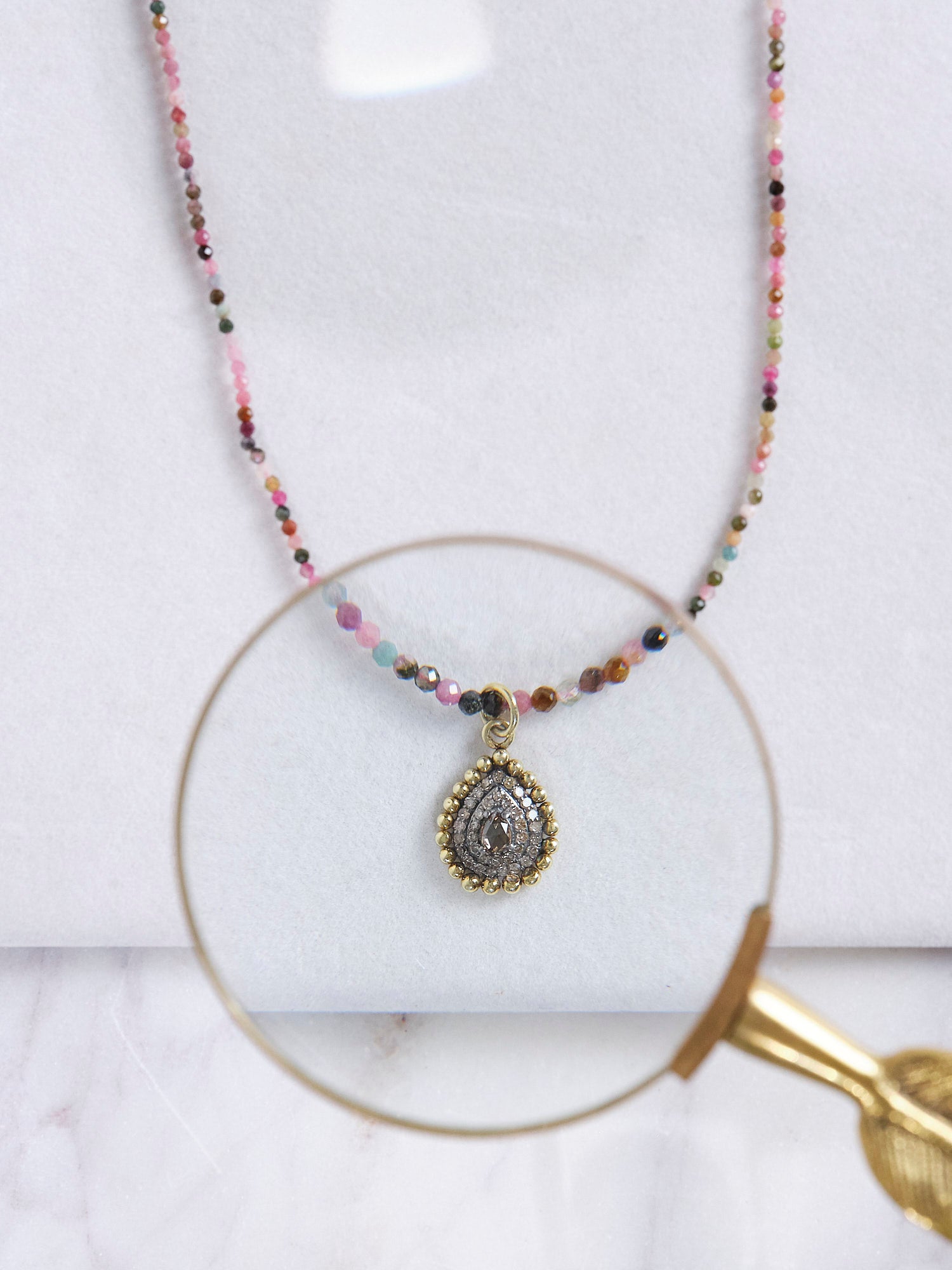 Diamond Tear Drop Necklace with Watermelon Tourmaline Strand