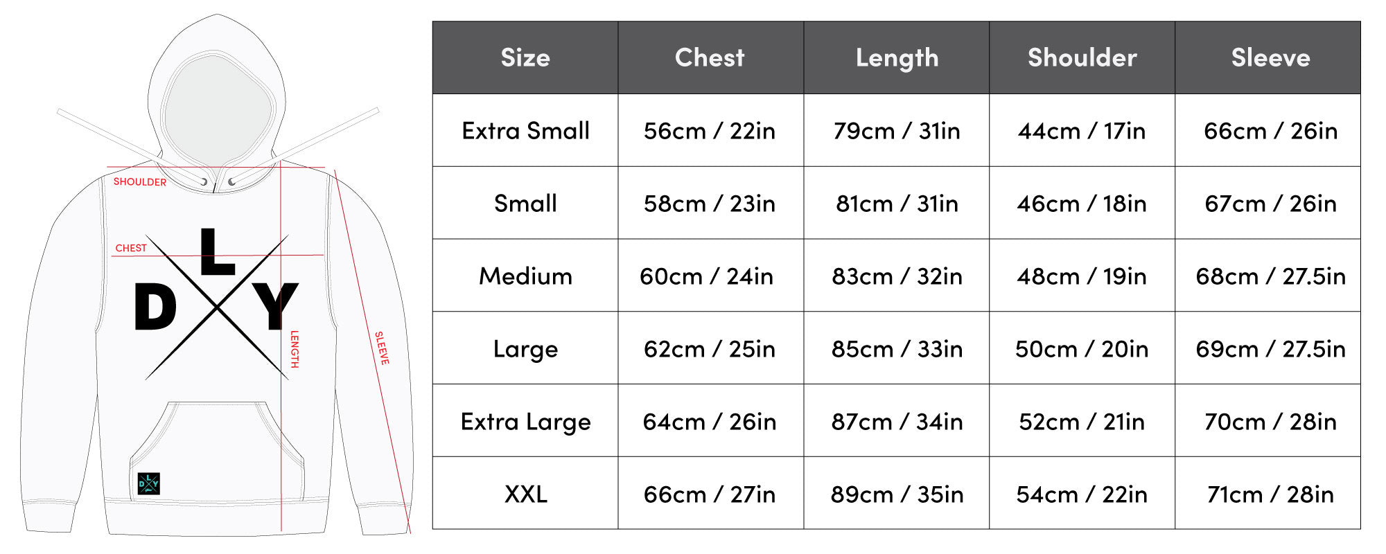 DailyDriven Relaunch Hoodie Sizing Chart