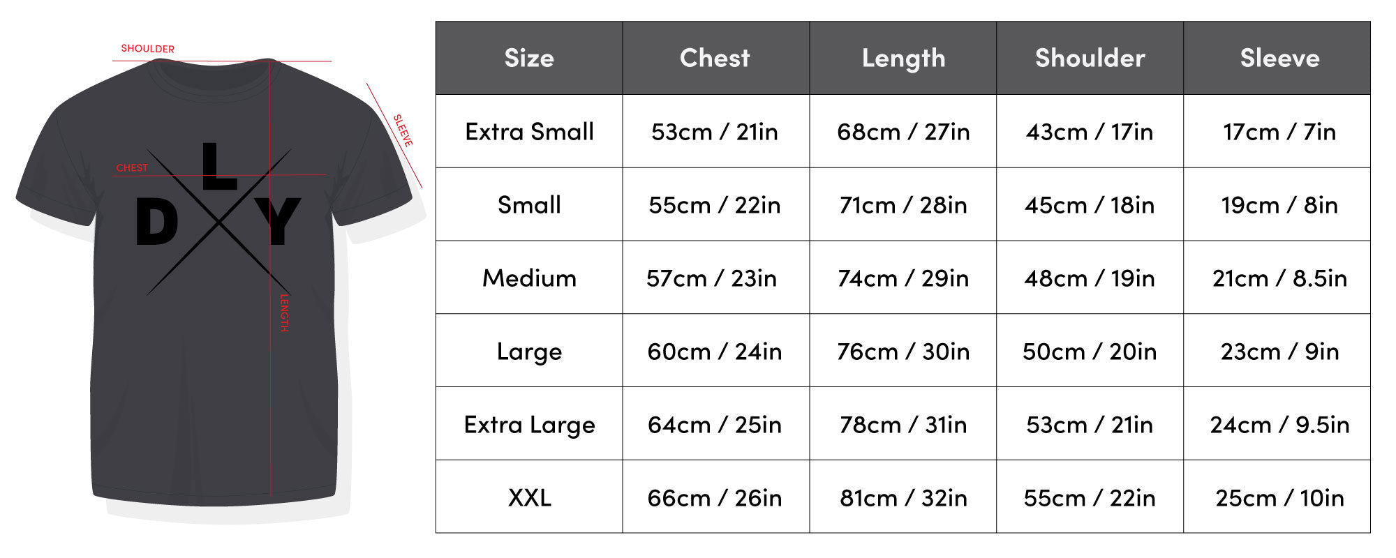 DailyDriven Relaunch T-Shirt Sizing Chart